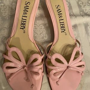 Light pink patent open toe mules low heel